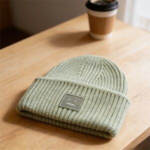 Acne Ribbed Knit Beanie in Sage Green